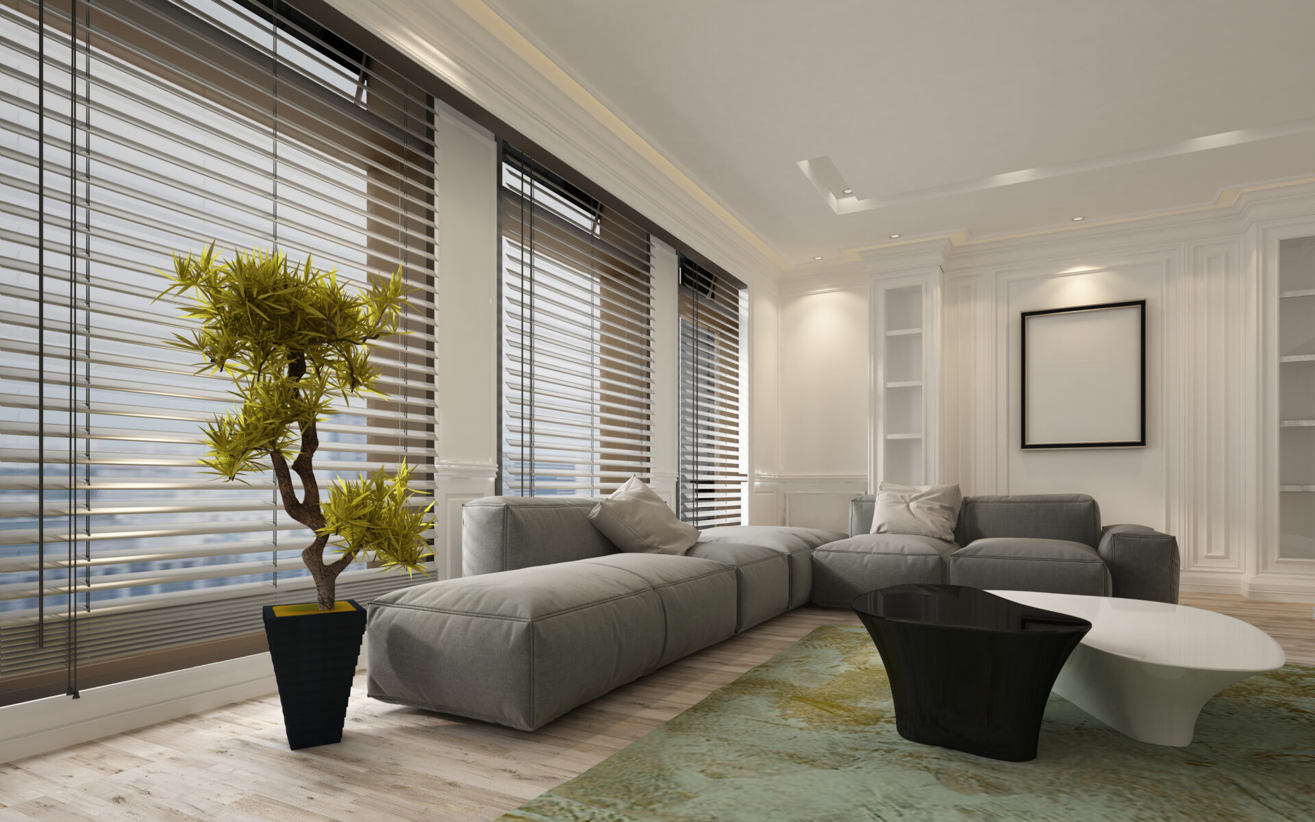Window blinds in a modern apartment living room. Wholesale Blind Factory
