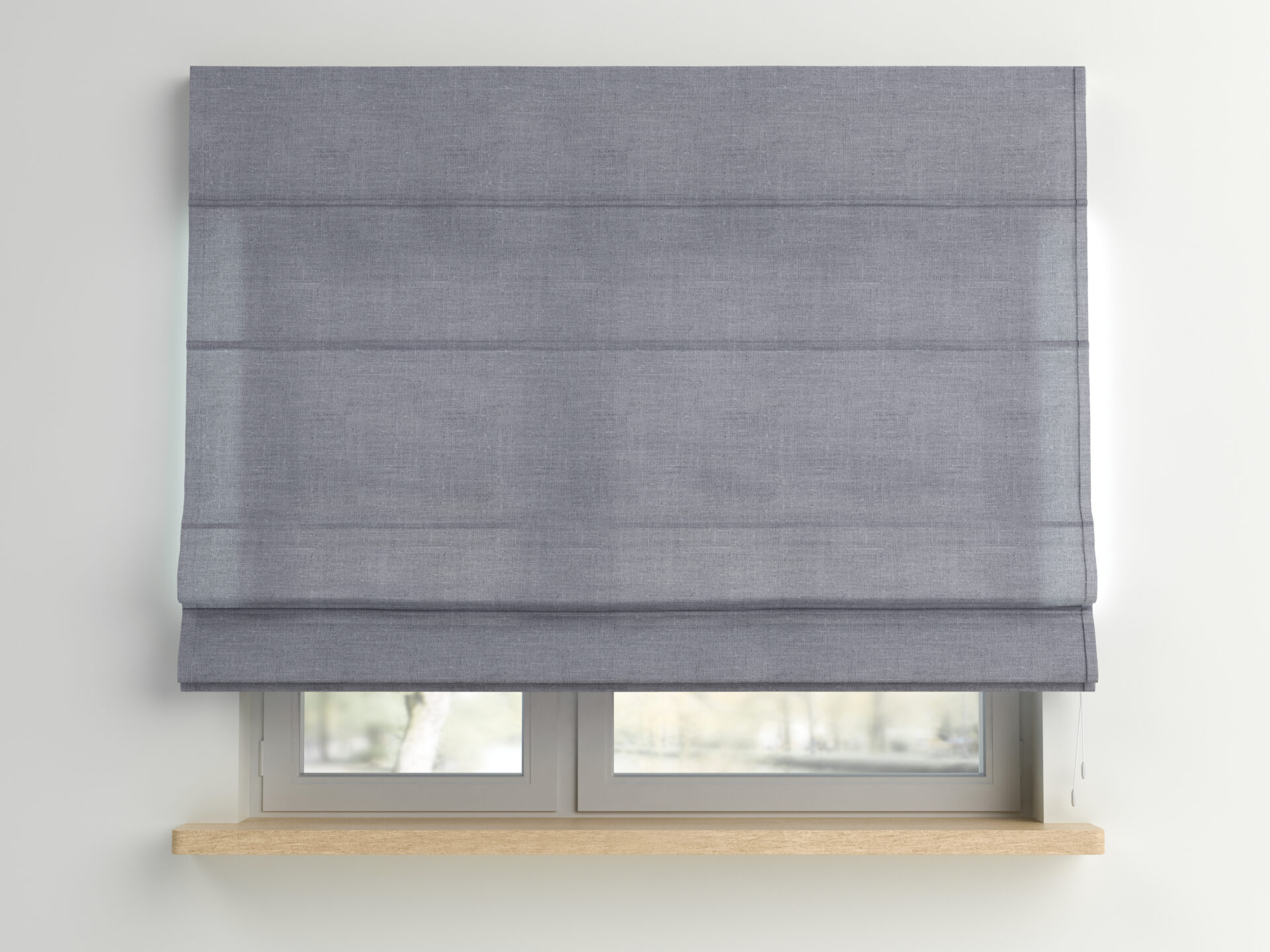 Gray roman shades on a window in a home.