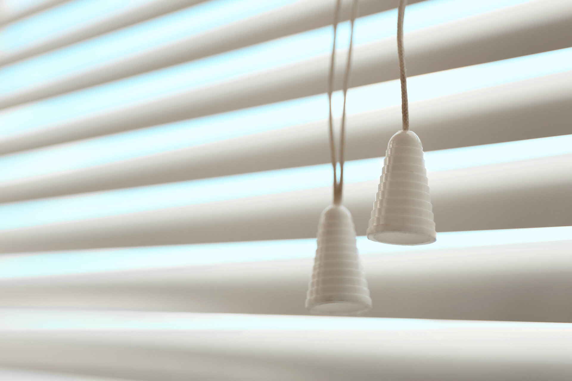 Closeup view of closed horizontal window blinds with cords