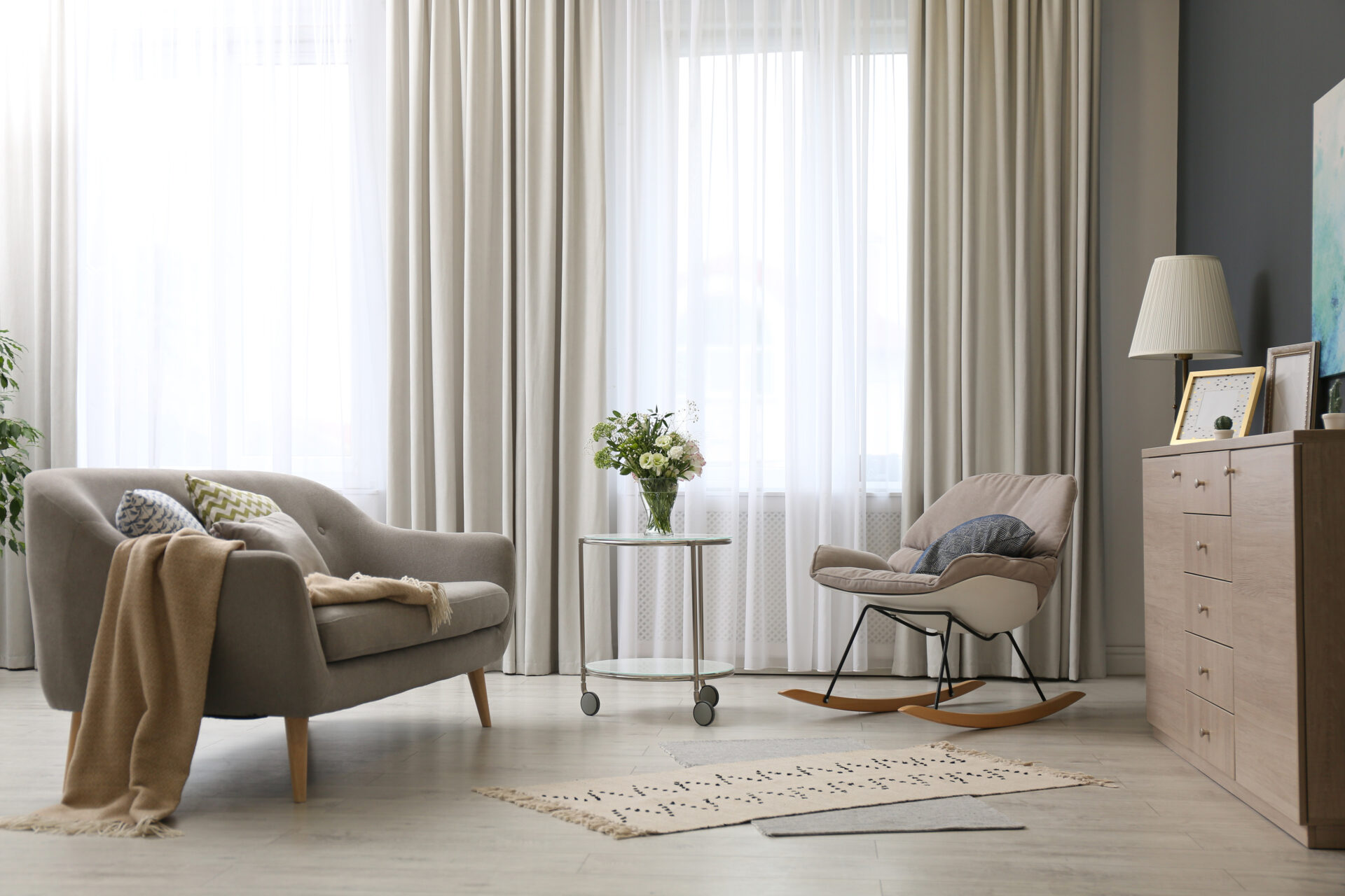 Modern living room interior with fabric curtains as window blinds. Wholesale Blind Factory