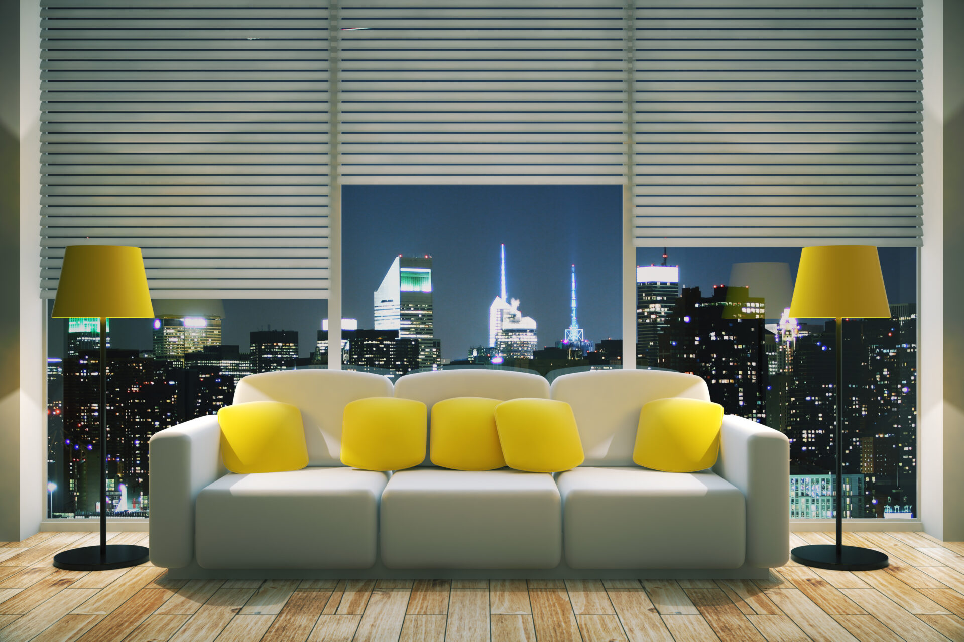 Modern living room interior with illuminated night city view and blackout blinds. Wholesale Blind Factory