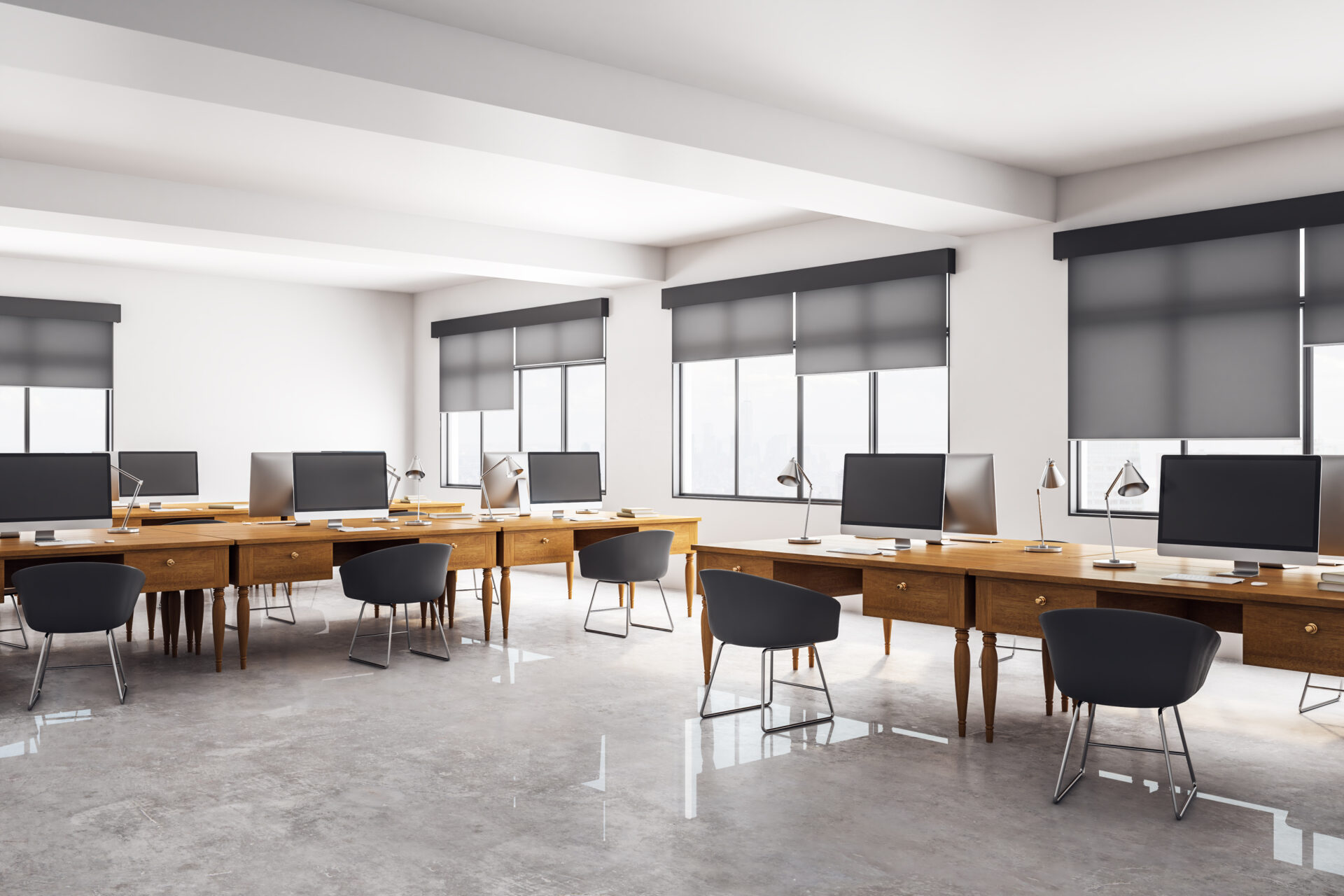 Clean concrete coworking office interior with window blinds for privacy. Wholesale Blind Factory